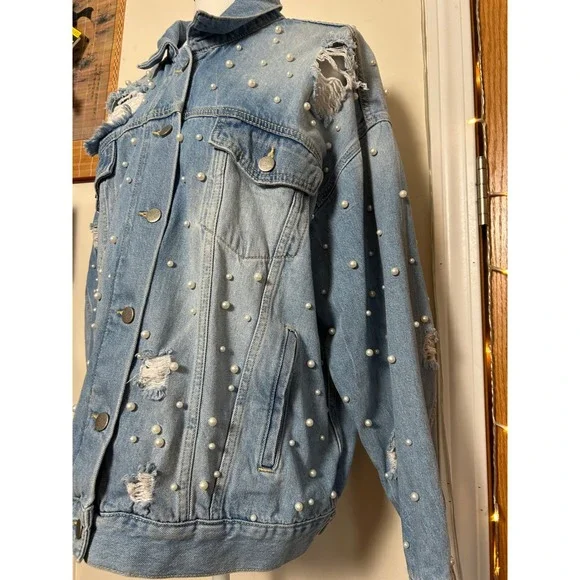 Oversized‎ Free People Sunday Funday Pearl Jean Denim Distressed Jacket L Cotton - Picture 3 of 8